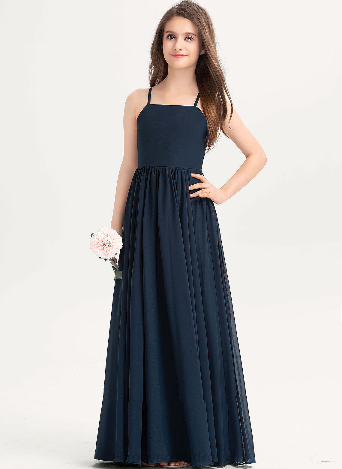 Floor-Length Junior Bridesmaid Dresses Neckline A-Line Chelsea Chiffon With Bow(s) Square