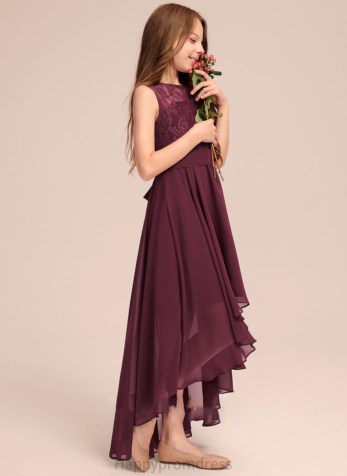 A-Line Asymmetrical Bow(s) Junior Bridesmaid Dresses Chiffon Lace With Neck Greta Scoop