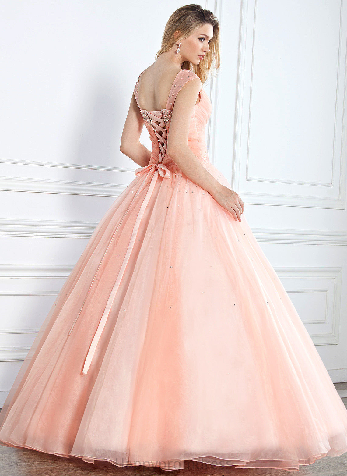 Ball-Gown/Princess V-neck With Taryn Organza Ruffle Sequins Prom Dresses Beading Floor-Length