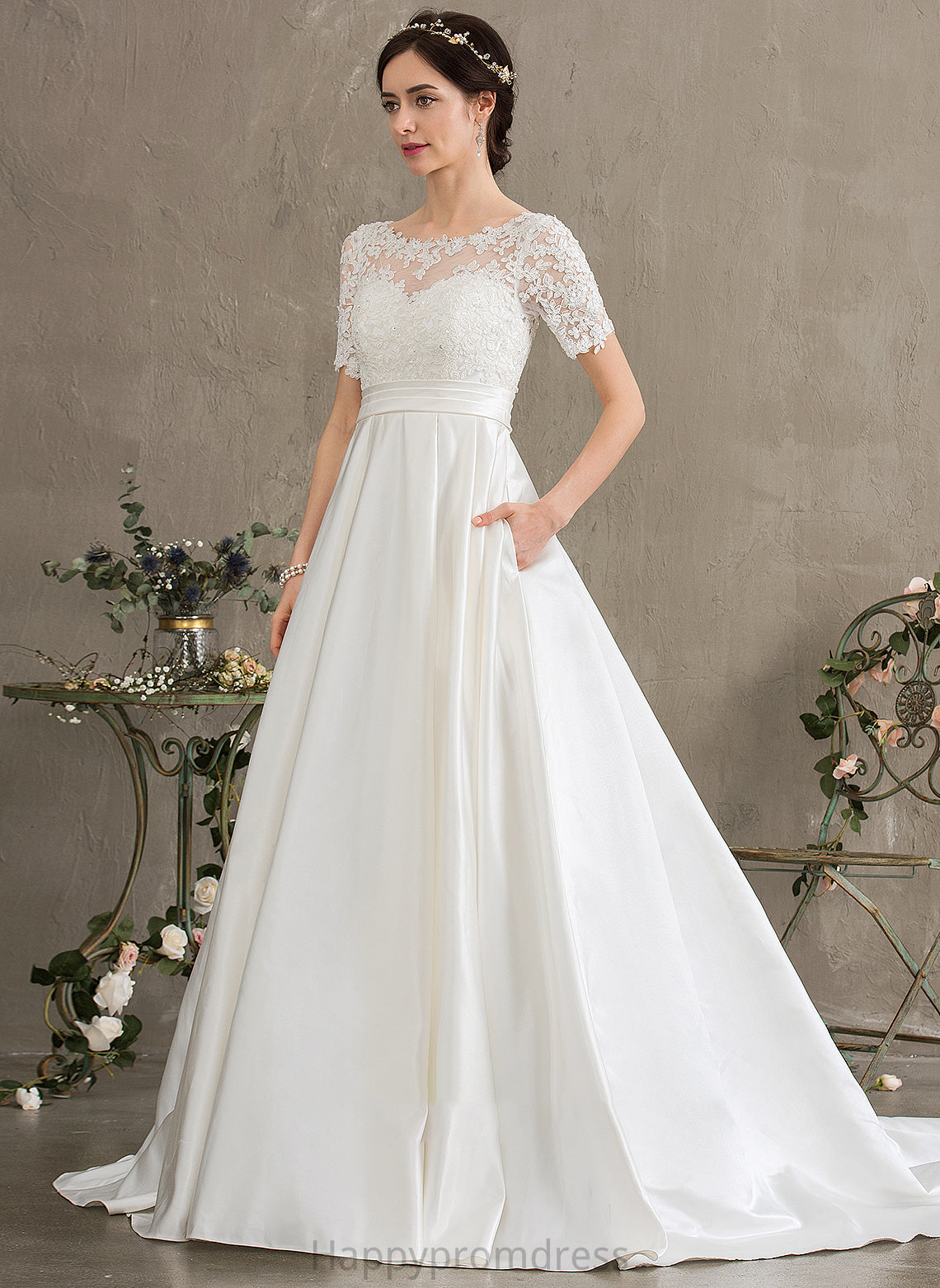 With Satin Scoop Wedding Dresses Train Court Wedding Sequins Miranda Pockets Ball-Gown/Princess Neck Dress Beading