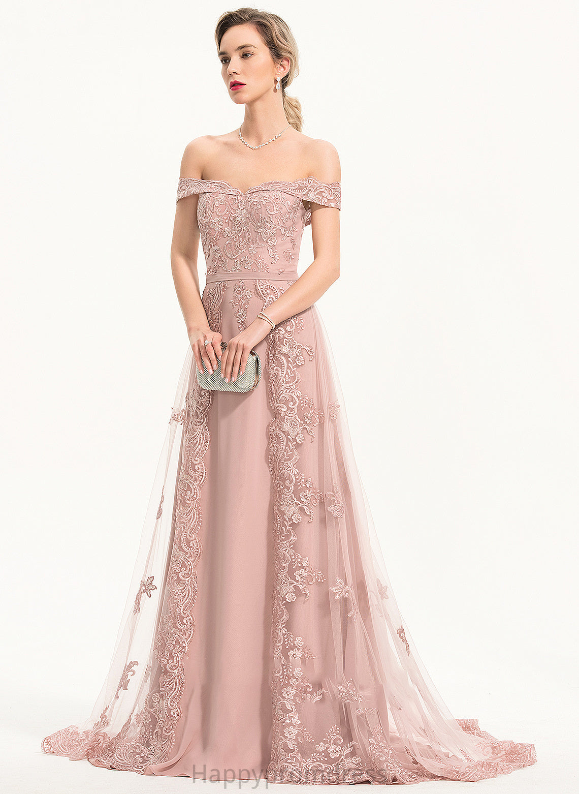 A-Line Tulle Train Prom Dresses Sweep Anna With Chiffon Sequins Off-the-Shoulder