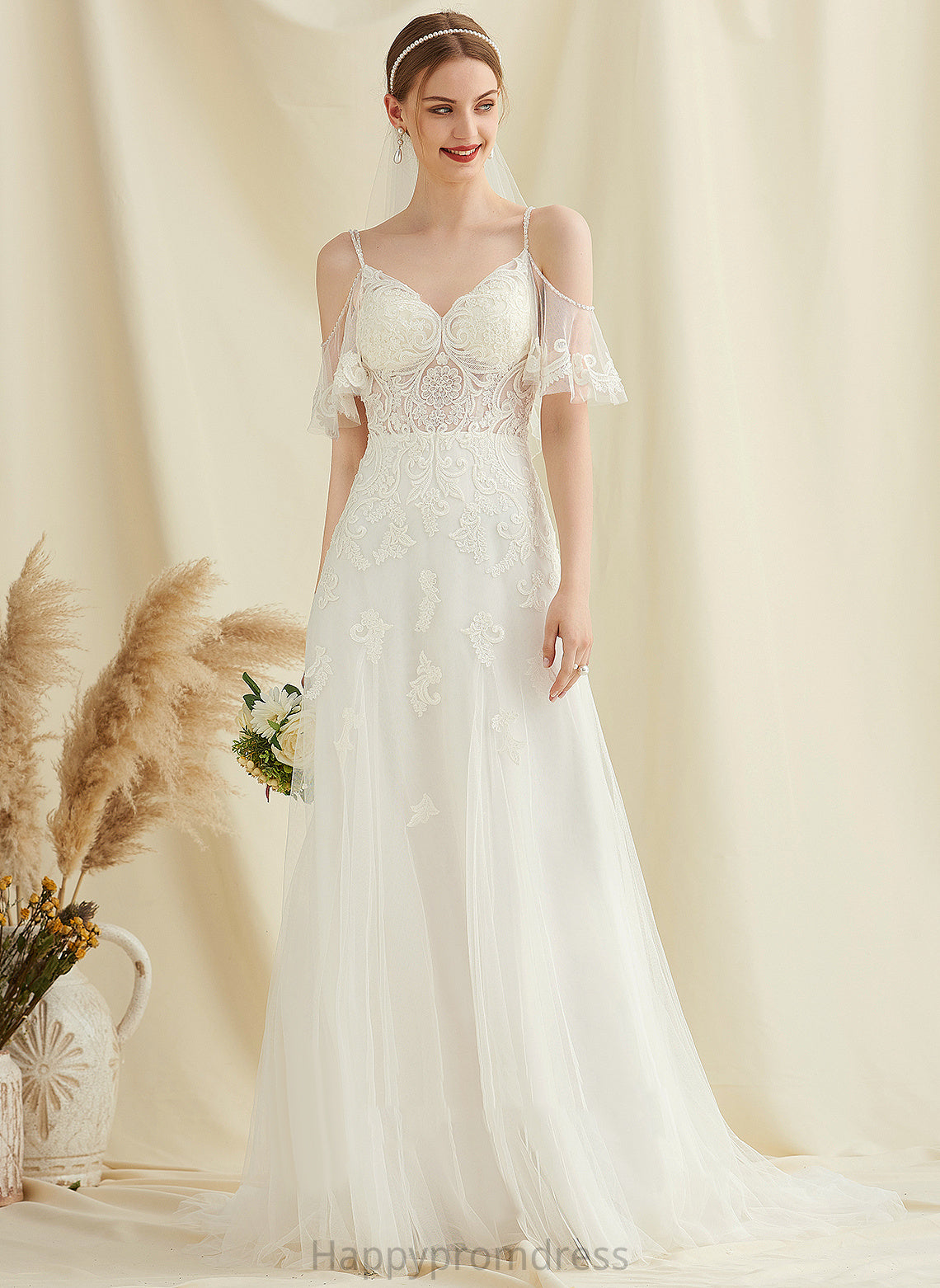 Wedding Dresses Sweep Lace With V-neck Wedding Train A-Line Tulle Dress Beading Chloe