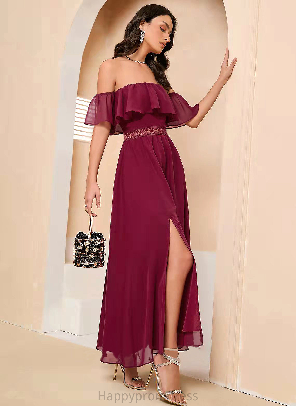 Prom Dresses With Off-the-Shoulder Ankle-Length A-Line Front Split Nita