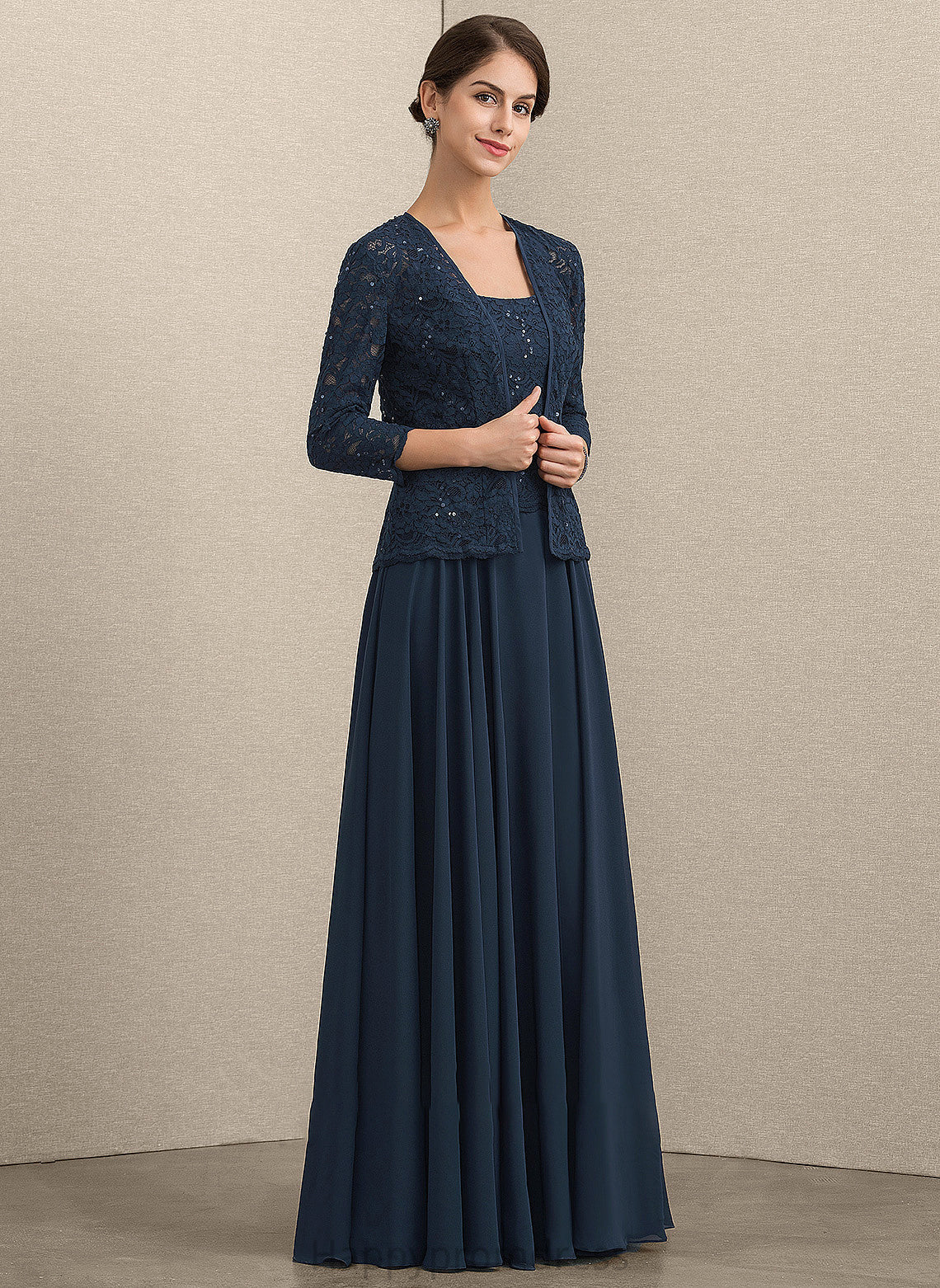 Mother of the Bride Dresses of Bride Neckline Chiffon With Dress Lace the Sequins Floor-Length A-Line Square Mother Ella