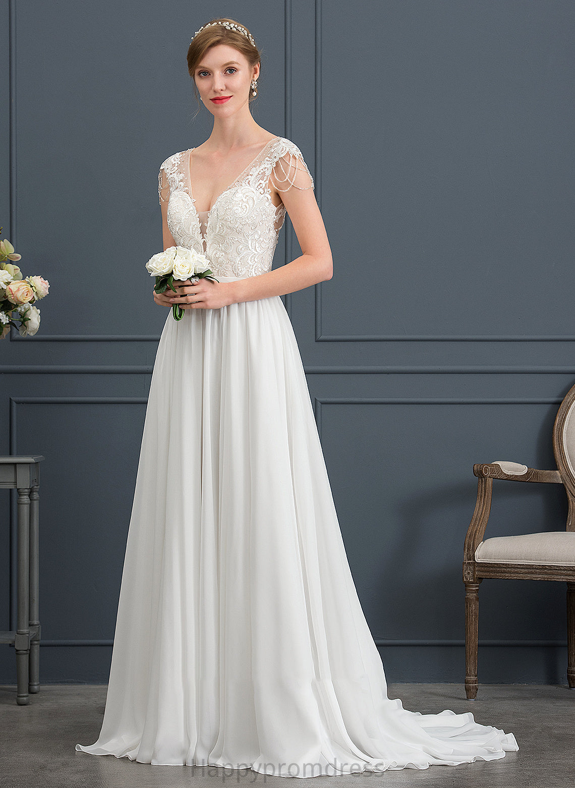 With A-Line Wedding Dresses Chiffon Muriel Sweep Beading Dress Wedding Sequins V-neck Train