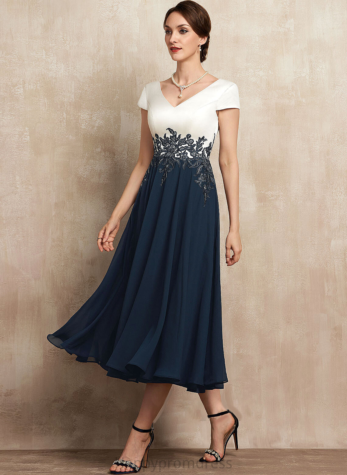 Lace V-neck Mackenzie A-Line the Chiffon Bride of Dress Tea-Length Mother of the Bride Dresses Mother