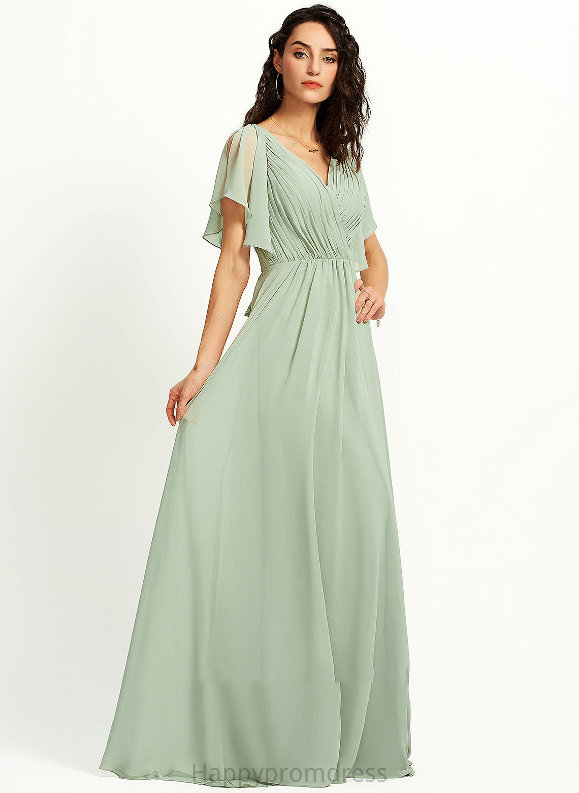 A-Line Ruffle Embellishment Floor-Length Neckline Fabric Silhouette V-neck Length Amirah A-Line/Princess Sleeveless Bridesmaid Dresses