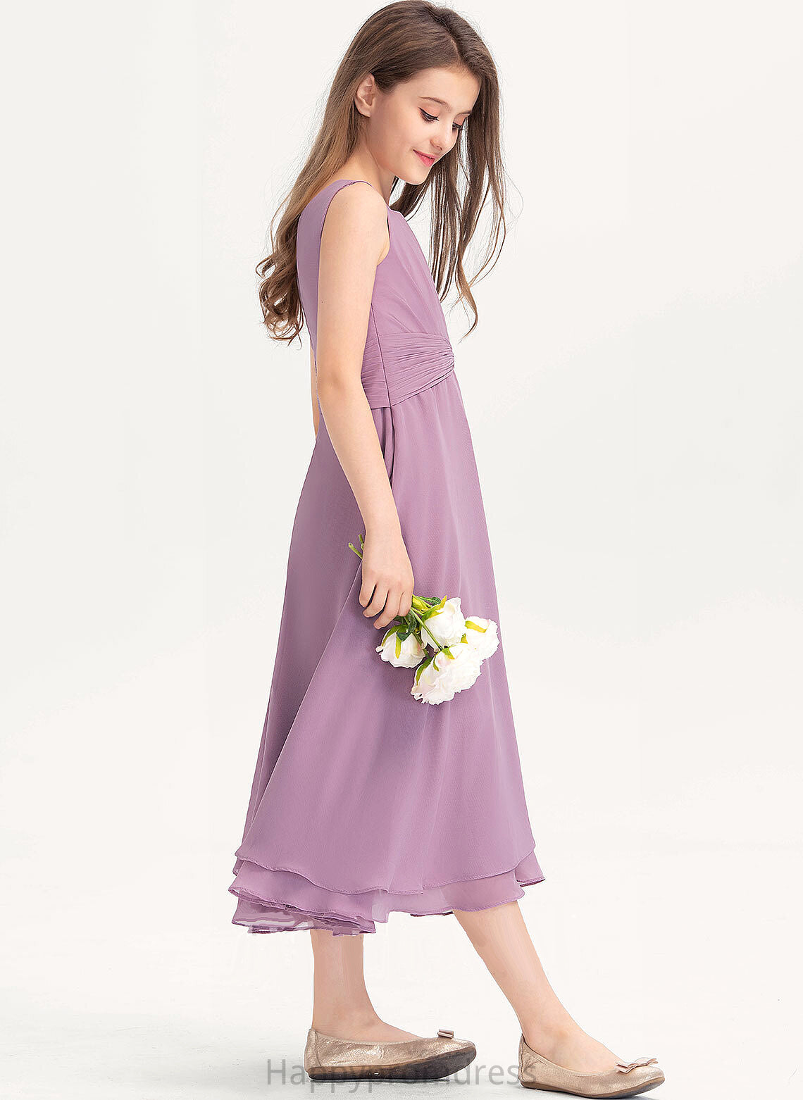 With A-Line Larissa Neck Chiffon Junior Bridesmaid Dresses Scoop Tea-Length Ruffle