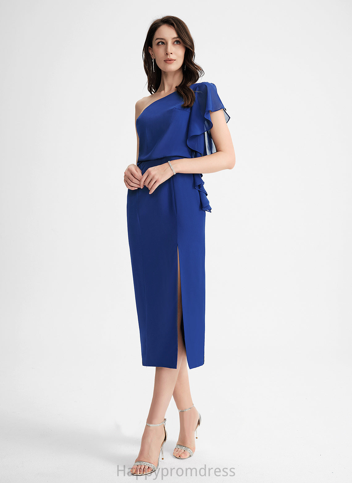 One-Shoulder With Dress Sheath/Column Ruffle Chiffon Tea-Length Marcia Cocktail Dresses Cocktail