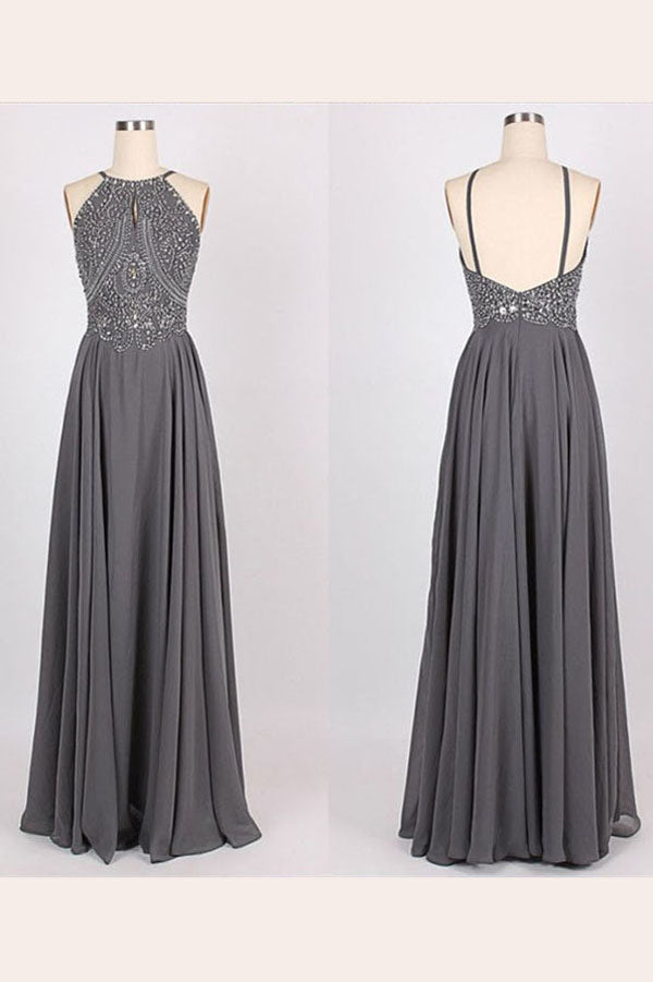 Gray A Line Floor Length Halter Sleeveless Backless Beading Prom Dresses