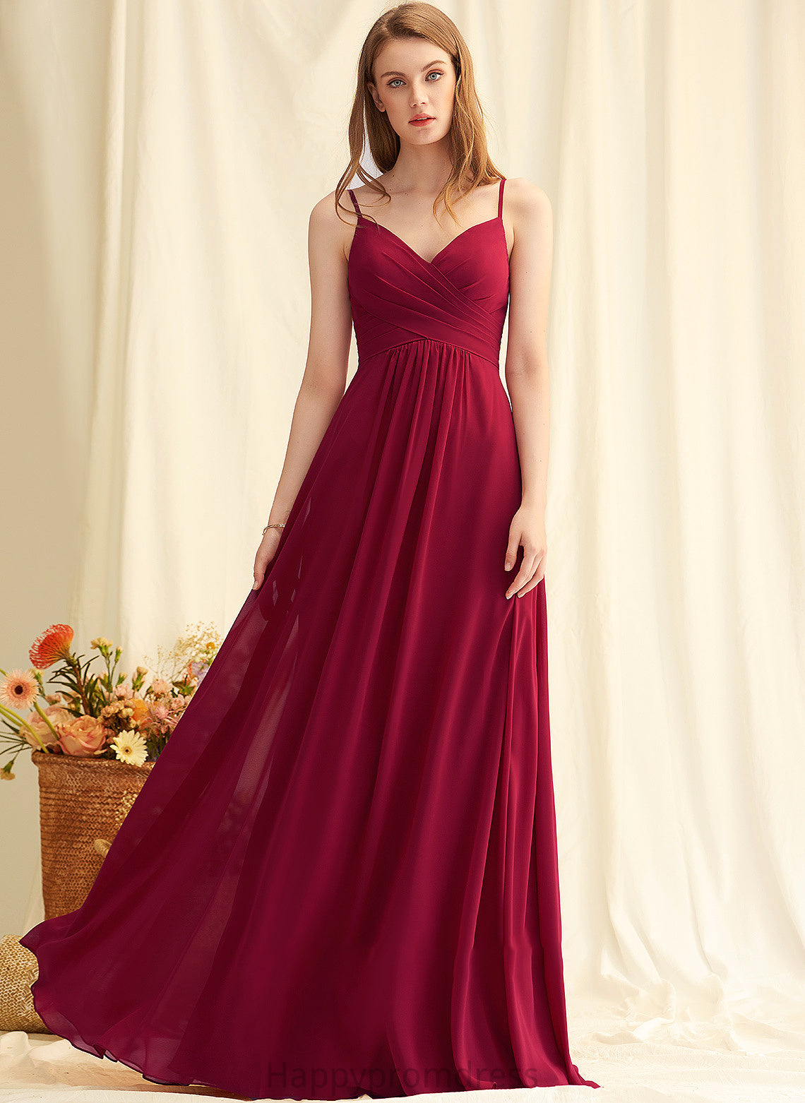 V-neck Floor-Length Length Neckline Silhouette Ruffle A-Line Embellishment Fabric Leah Bridesmaid Dresses