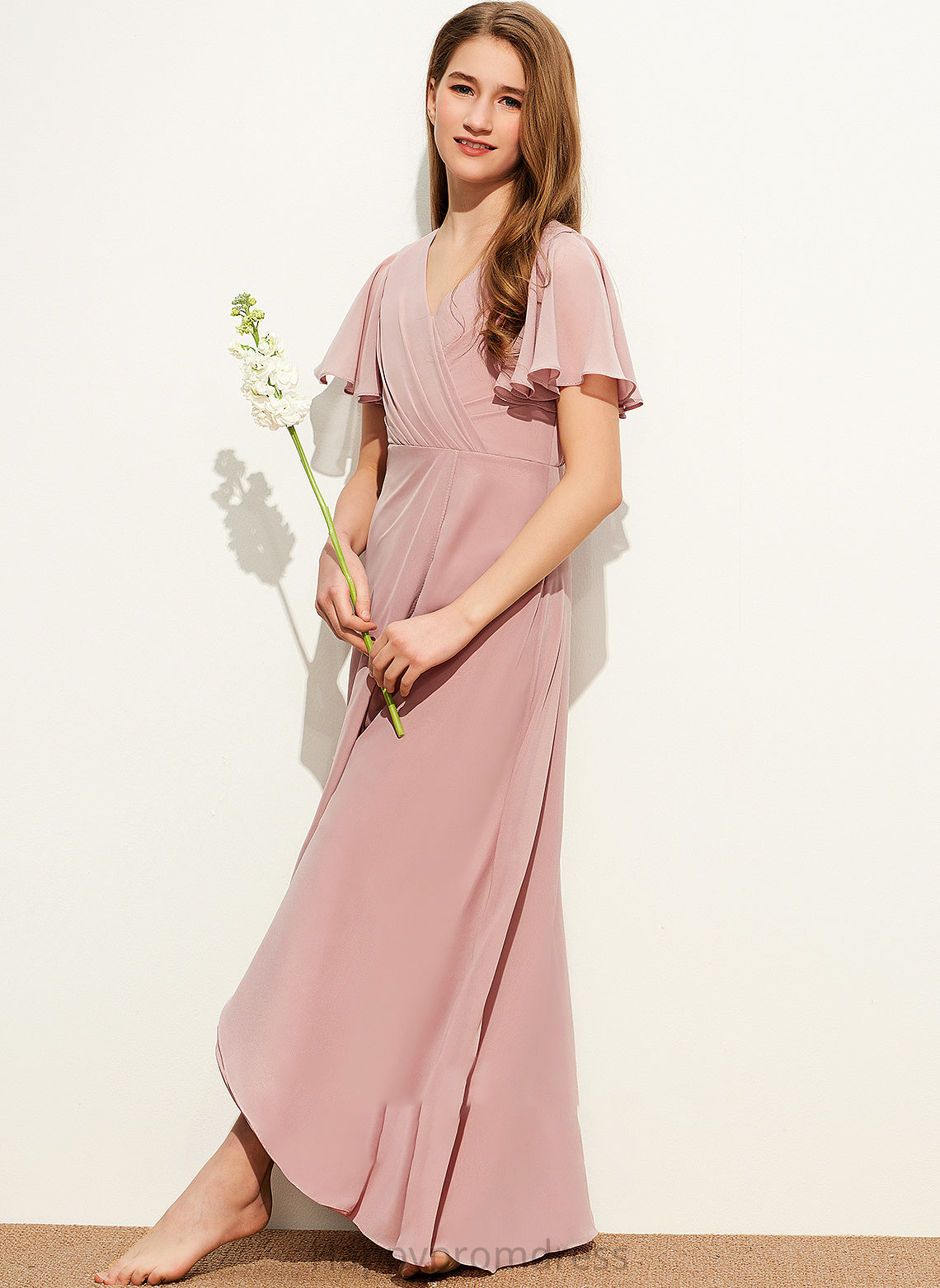 A-Line Ruffle Junior Bridesmaid Dresses With Asymmetrical Alexia Chiffon V-neck