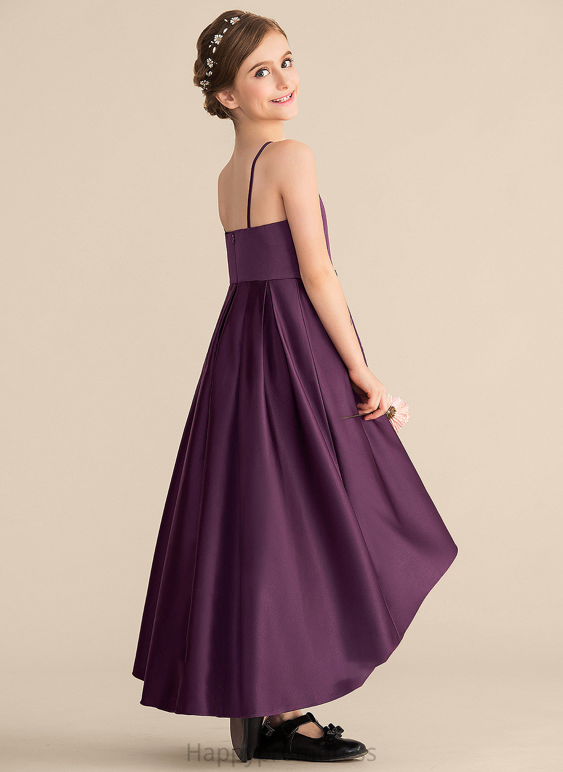 Scoop Junior Bridesmaid Dresses Asymmetrical With Celia Satin A-Line Ruffle Neck