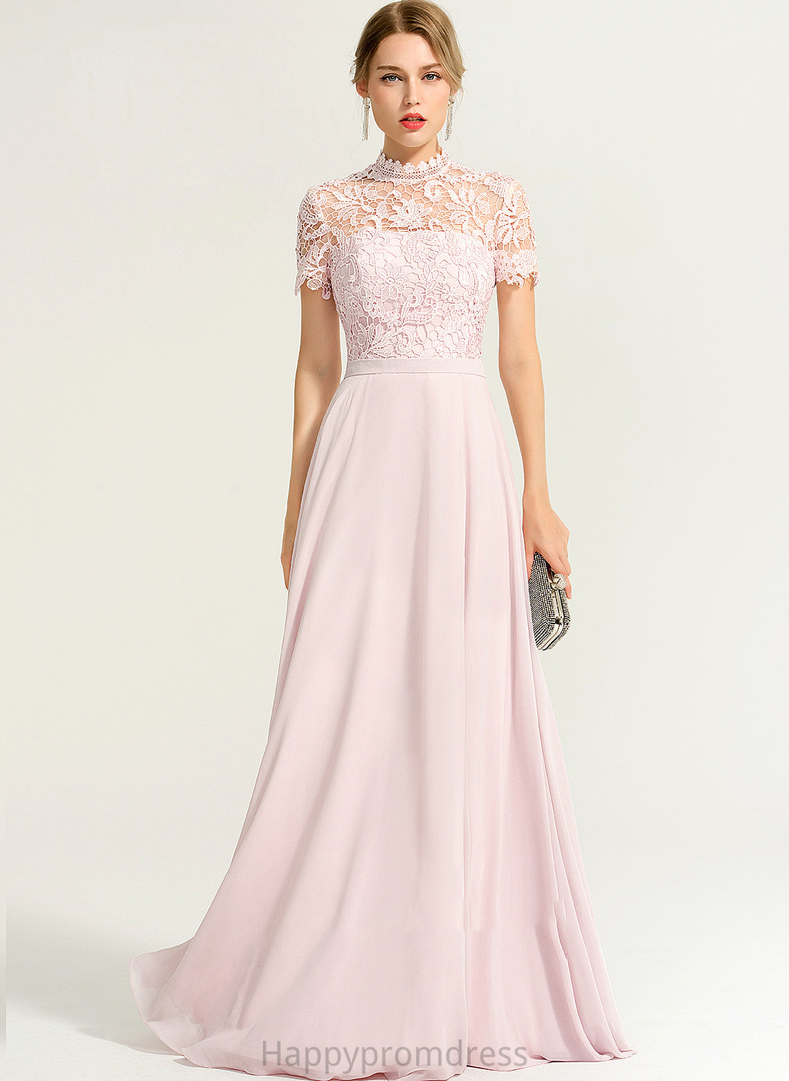 A-Line Chiffon Prom Dresses With High Sequins Una Neck Floor-Length