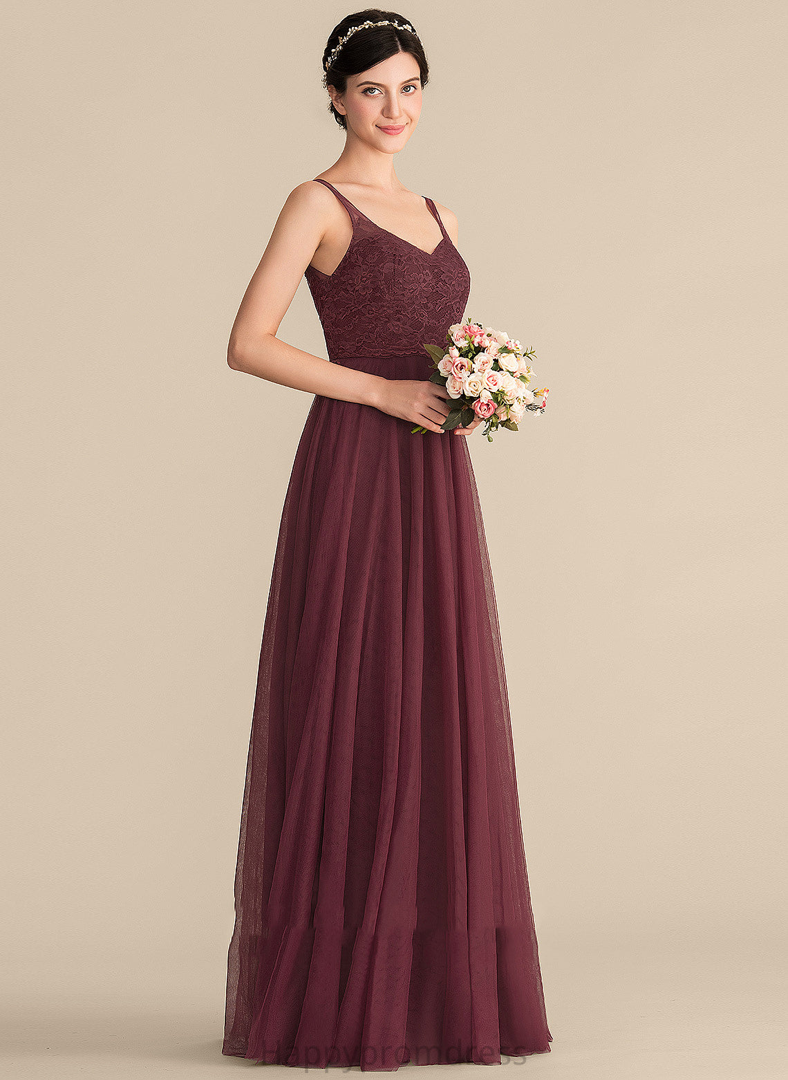 Floor-Length Lace A-Line Neckline Length Silhouette Tulle V-neck Fabric Straps Krystal Natural Waist Bridesmaid Dresses