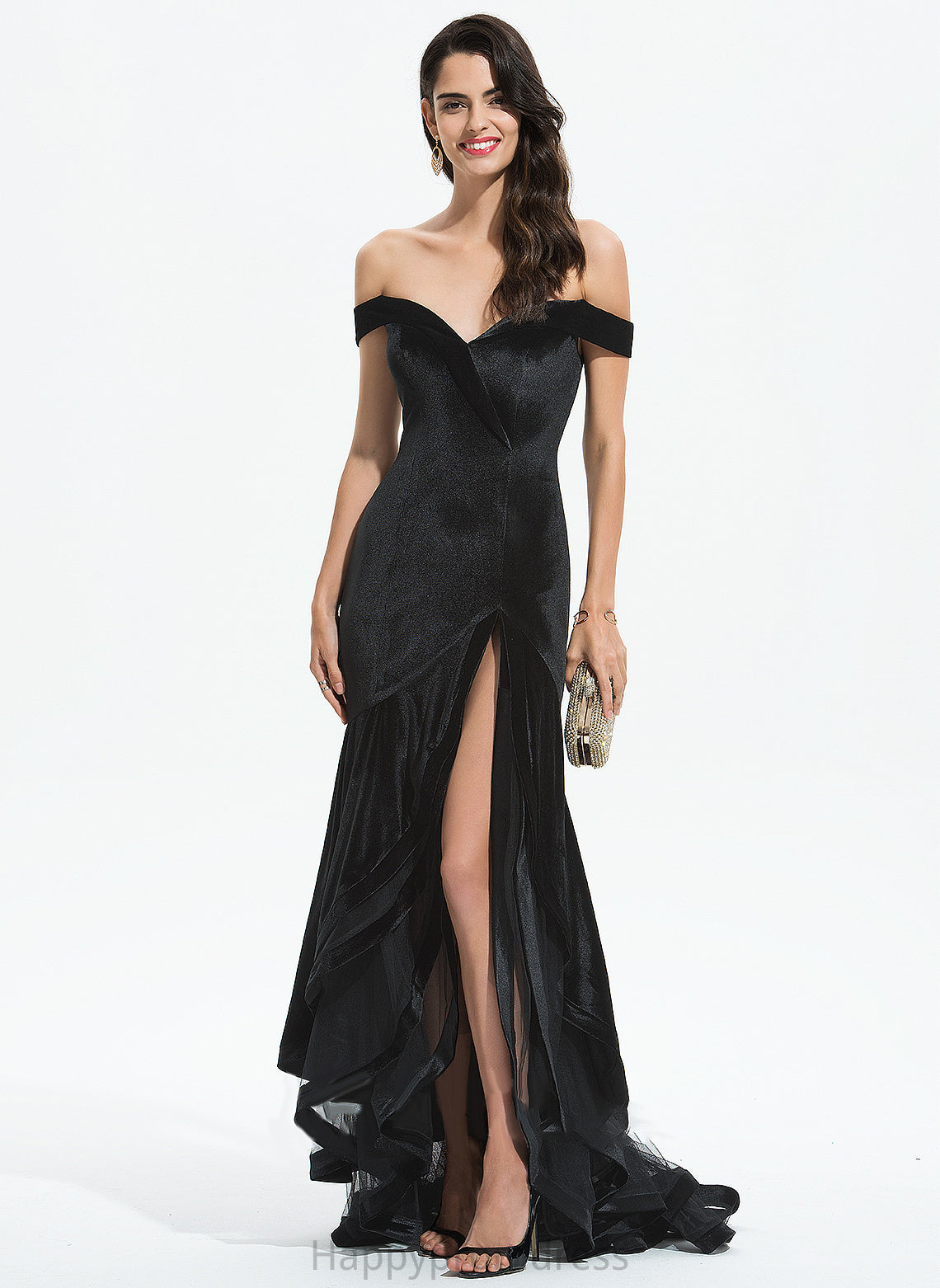 Velvet With Off-the-Shoulder Ruffles Sweep Prom Dresses Cascading Train Trumpet/Mermaid Natalia