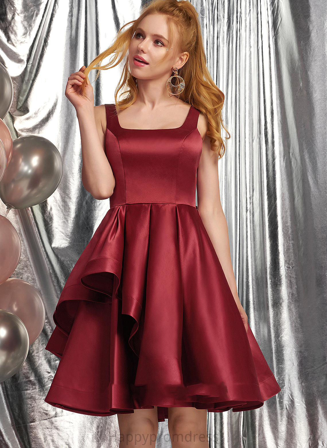 Neckline Knee-Length Dress Satin Ruffles Alisson Homecoming Dresses Cascading Bow(s) Homecoming Square A-Line With