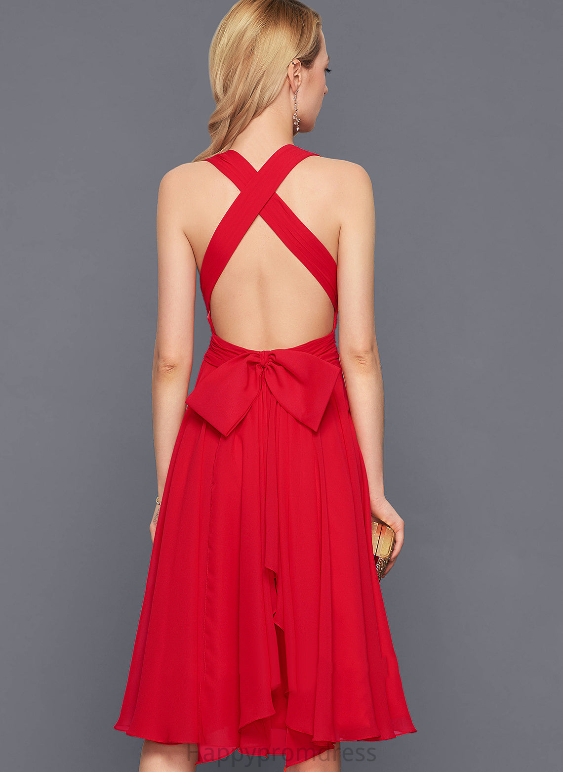 Dress Chiffon Moriah Ruffle Knee-Length With Cocktail Bow(s) A-Line V-neck Cocktail Dresses