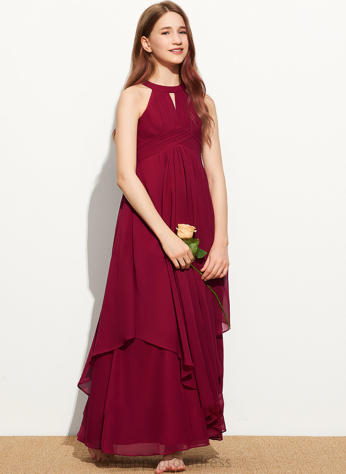 Ruffle Neck Floor-Length Junior Bridesmaid Dresses Marina Chiffon A-Line Scoop With