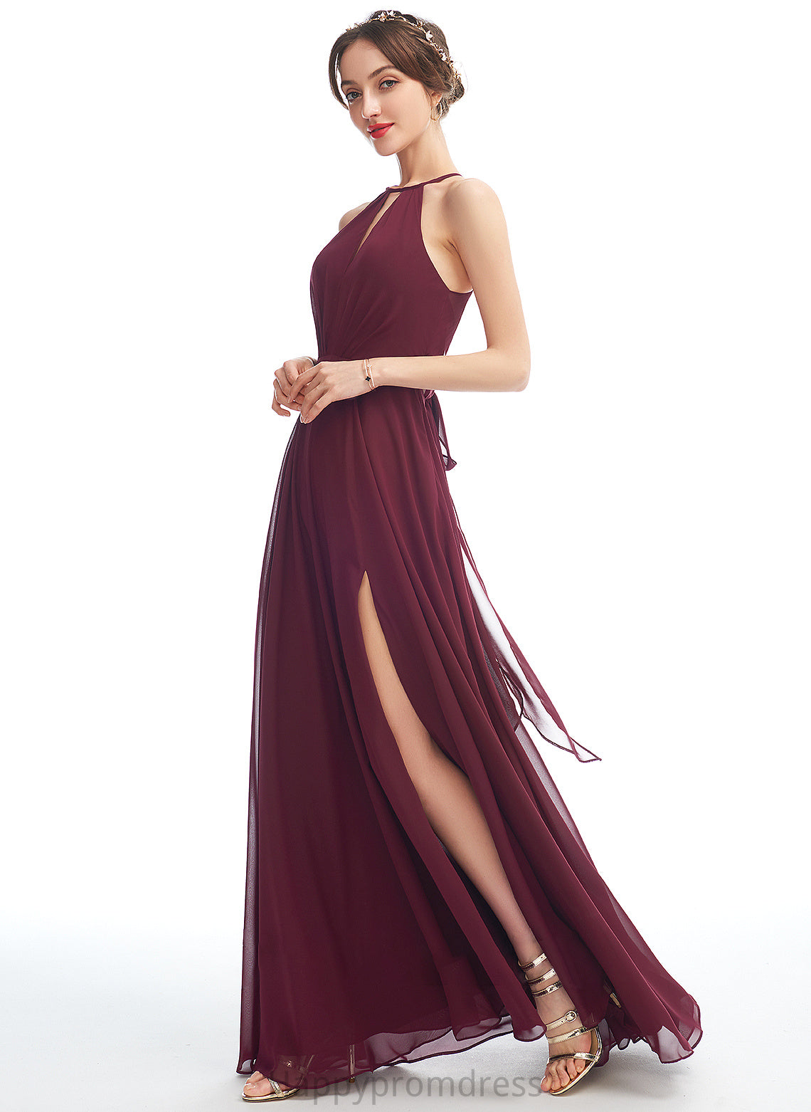 Floor-Length Neckline Fabric Embellishment A-Line Silhouette Halter SplitFront Length Liz Natural Waist Sleeveless Bridesmaid Dresses