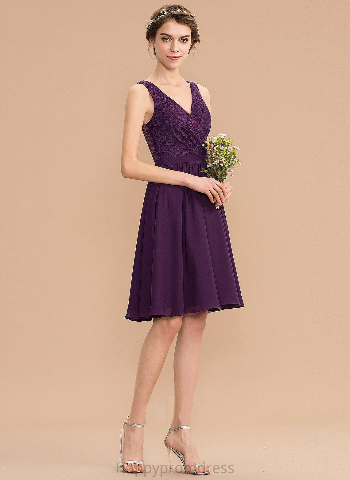 Neckline Ruffle V-neck Embellishment A-Line Length Knee-Length Silhouette Fabric Kiley Natural Waist Straps Bridesmaid Dresses