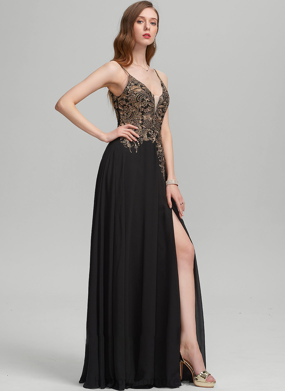 Chiffon Front Faith Floor-Length Split A-Line Lace V-neck Sequins Prom Dresses With