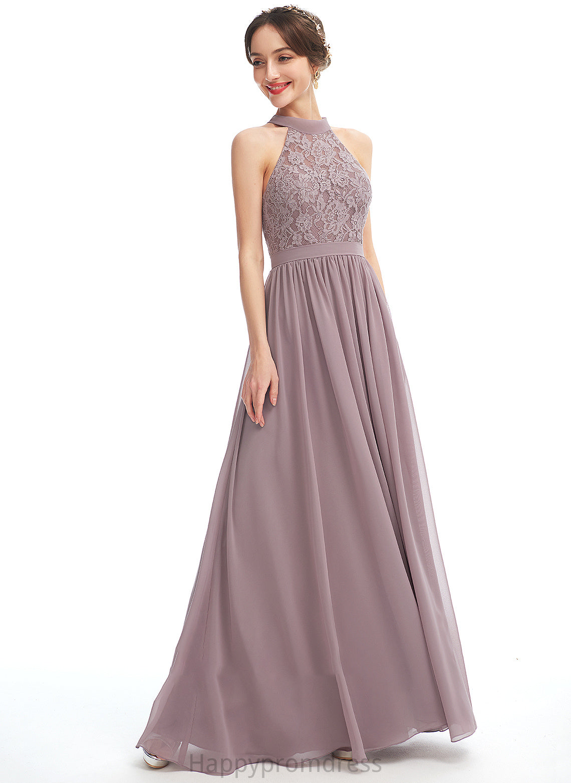 Fabric Halter Neckline SplitFront Floor-Length Length Silhouette Embellishment A-Line Danika Sleeveless Natural Waist Bridesmaid Dresses