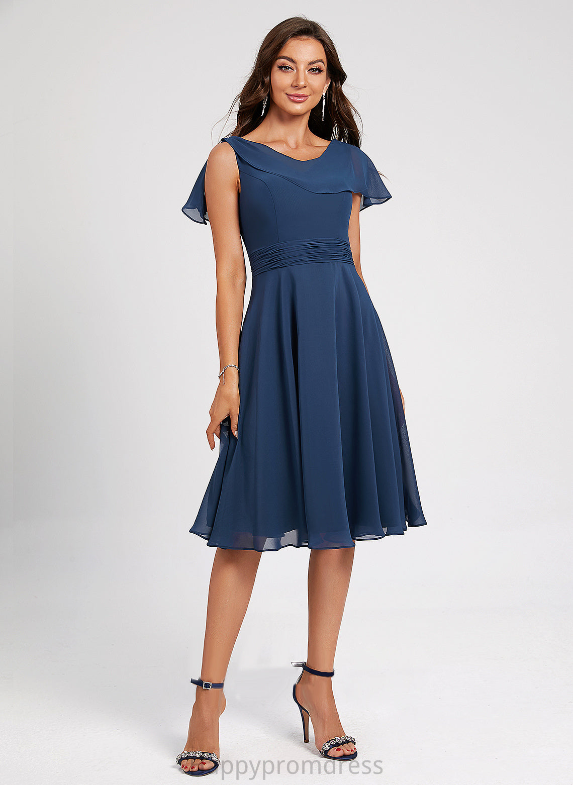 Cocktail A-Line Scoop Neck Cocktail Dresses With Pleated Ruffle Jacquelyn Chiffon Knee-Length Dress