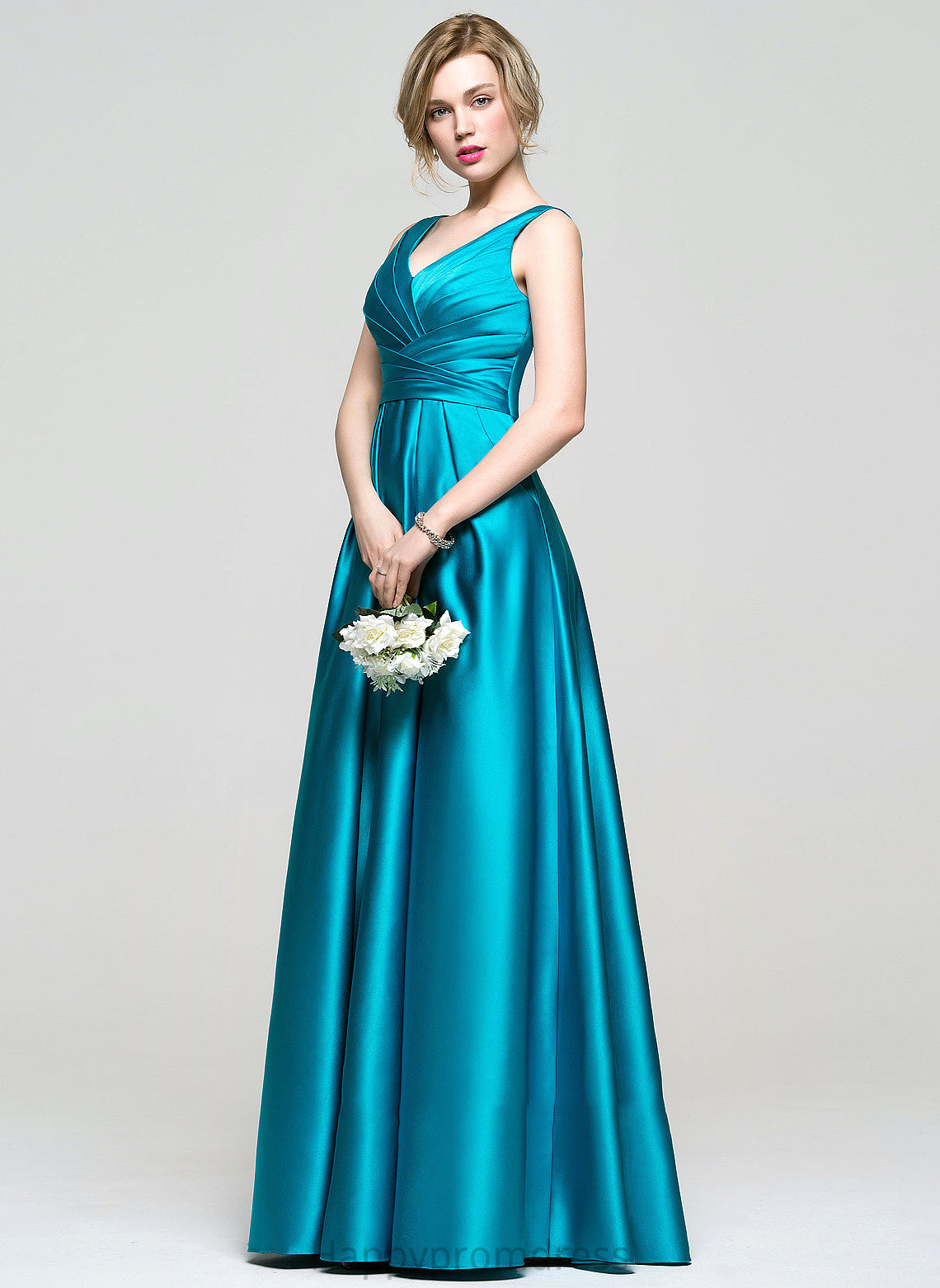 Pockets Satin Ruffle V-neck With Alena Floor-Length Prom Dresses Ball-Gown/Princess