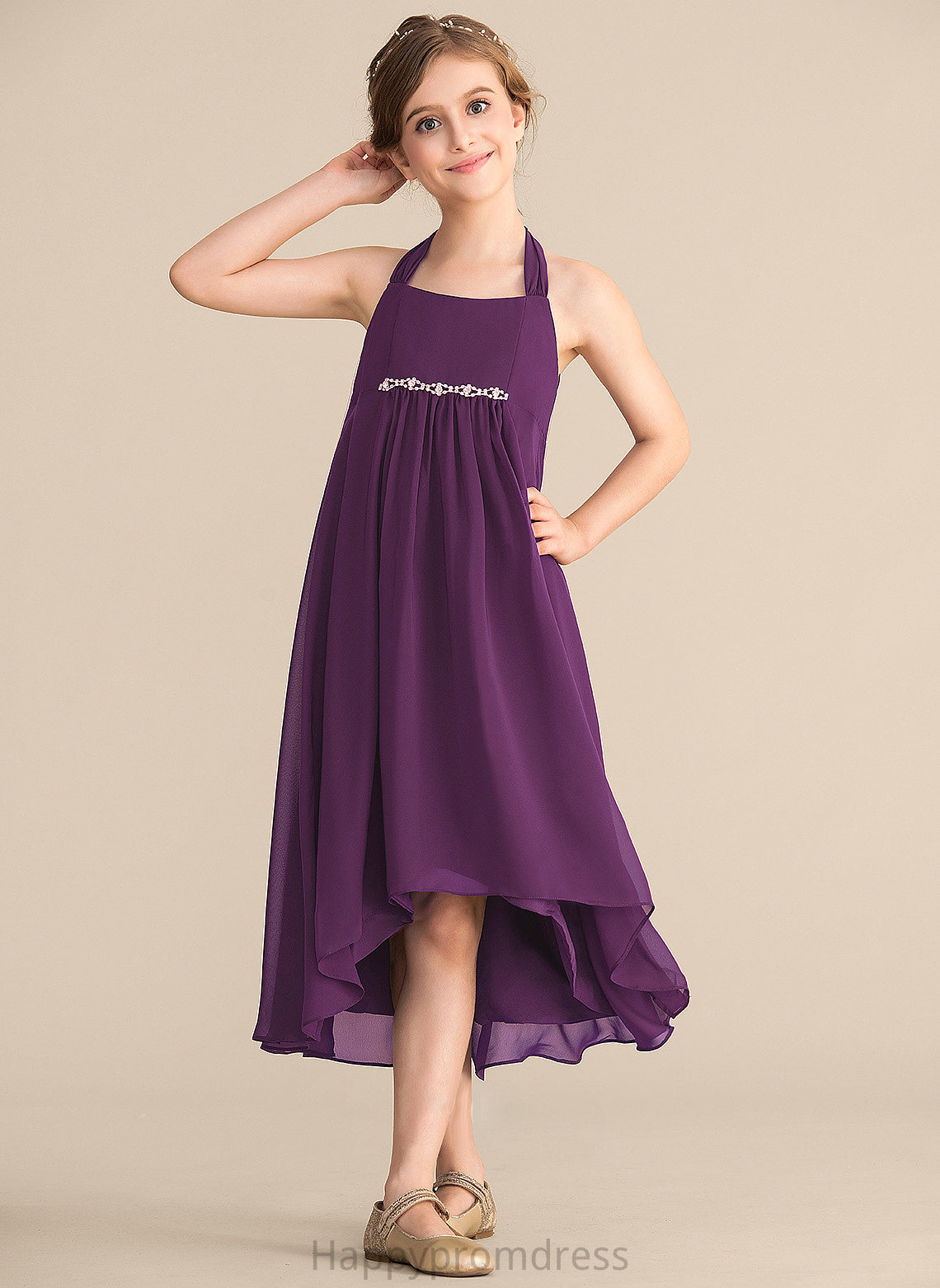 With Empire Halter Chiffon Asymmetrical Alice Bow(s) Junior Bridesmaid Dresses Beading