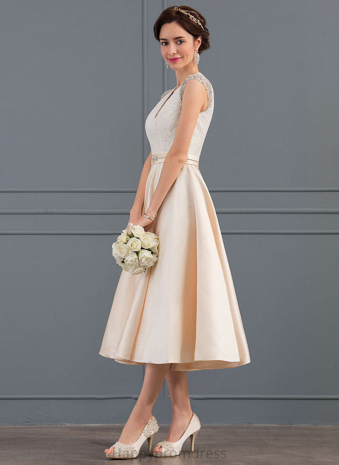 Tea-Length Kendra V-neck Wedding Beading With Wedding Dresses A-Line Sequins Satin Dress