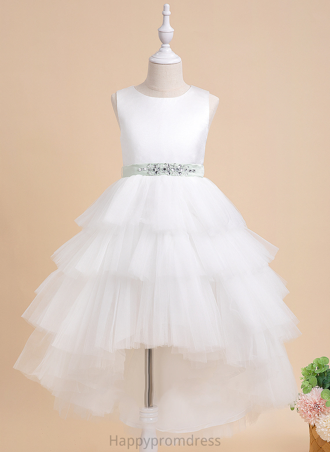 - With Flower Ball-Gown/Princess Tulle Asymmetrical Brooklynn (Detachable Neck Girl sash) Scoop Sash/Beading Flower Girl Dresses Sleeveless Dress