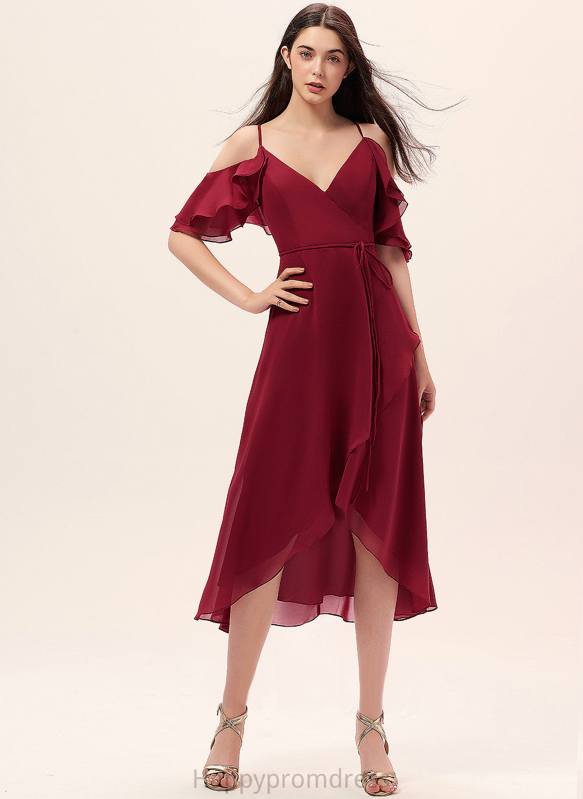 Miah Chiffon V-neck Asymmetrical Dress A-Line Cascading With Cocktail Ruffles Cocktail Dresses