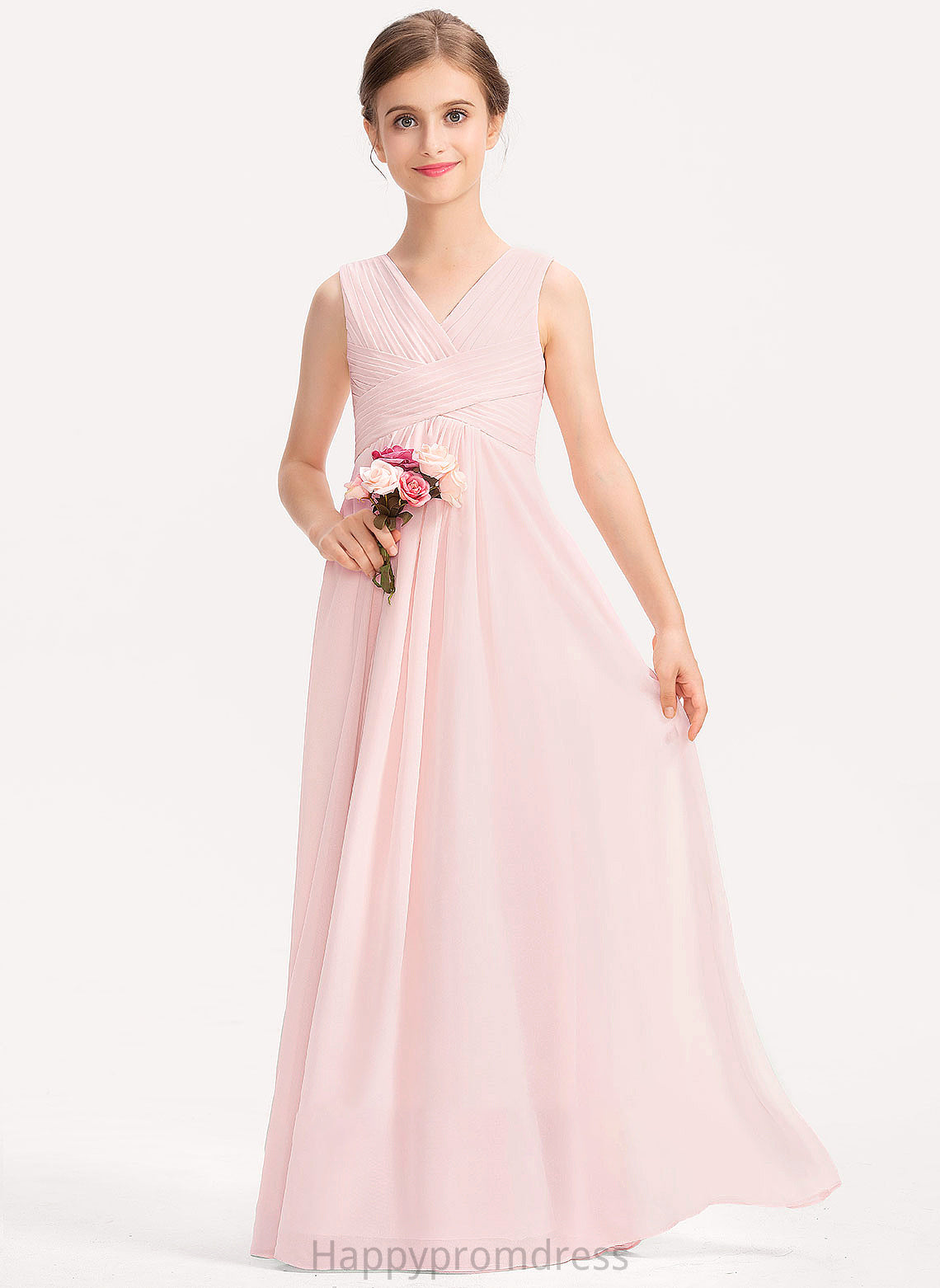 Kali Chiffon A-Line Floor-Length With Ruffle Junior Bridesmaid Dresses V-neck