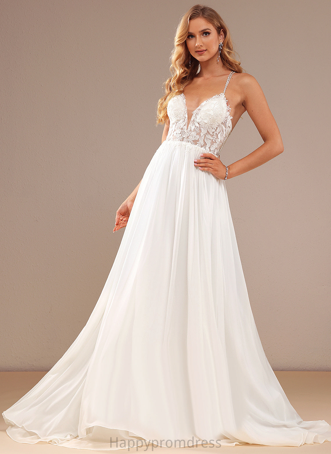 Wedding Dresses Sequins V-neck Wedding Lace With Train Chiffon Dress Beading Maeve Sweep A-Line