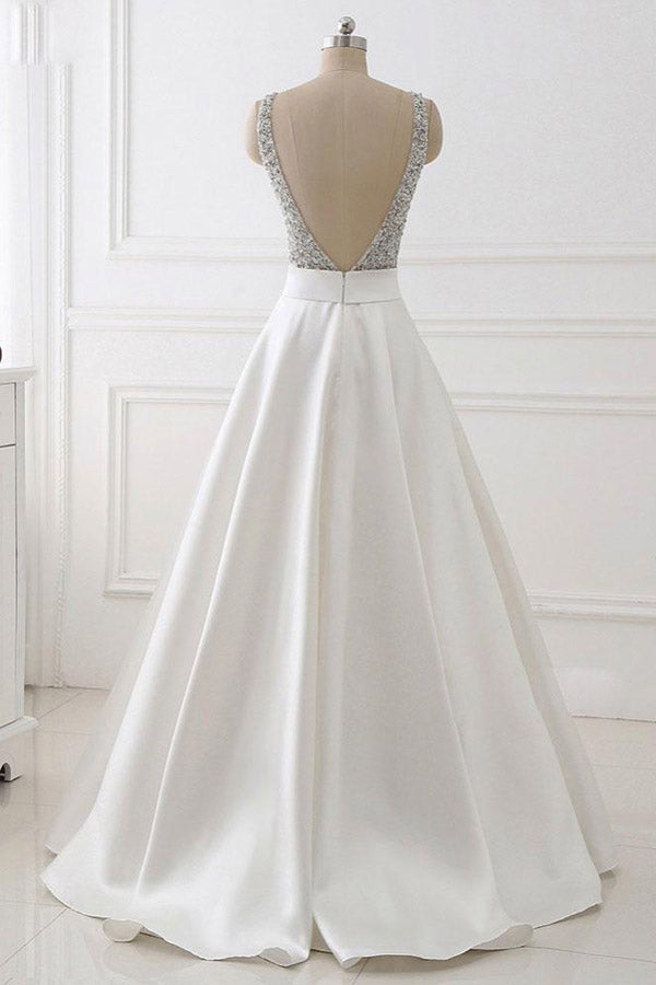 A Line Brush Train Deep V Neck Sleeveless Beading Prom Dresses