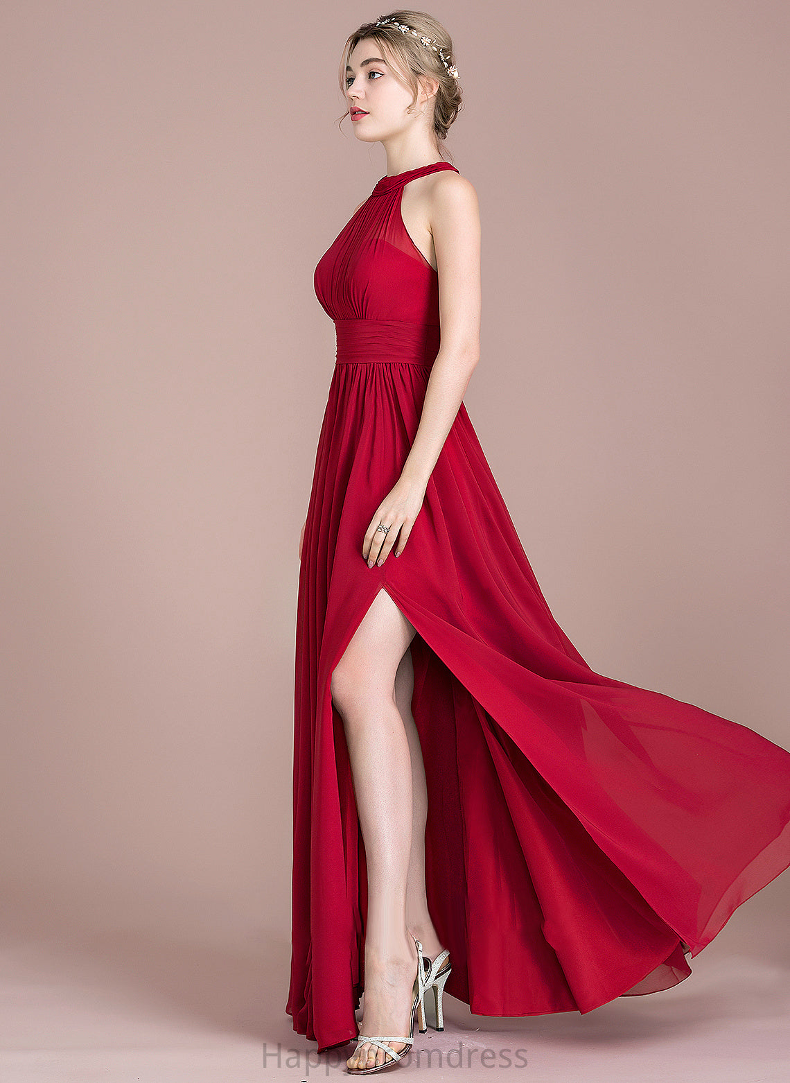 A-Line Bow(s) Split Prom Dresses Floor-Length Ruffle With Front Chiffon Scoop Neck Thirza