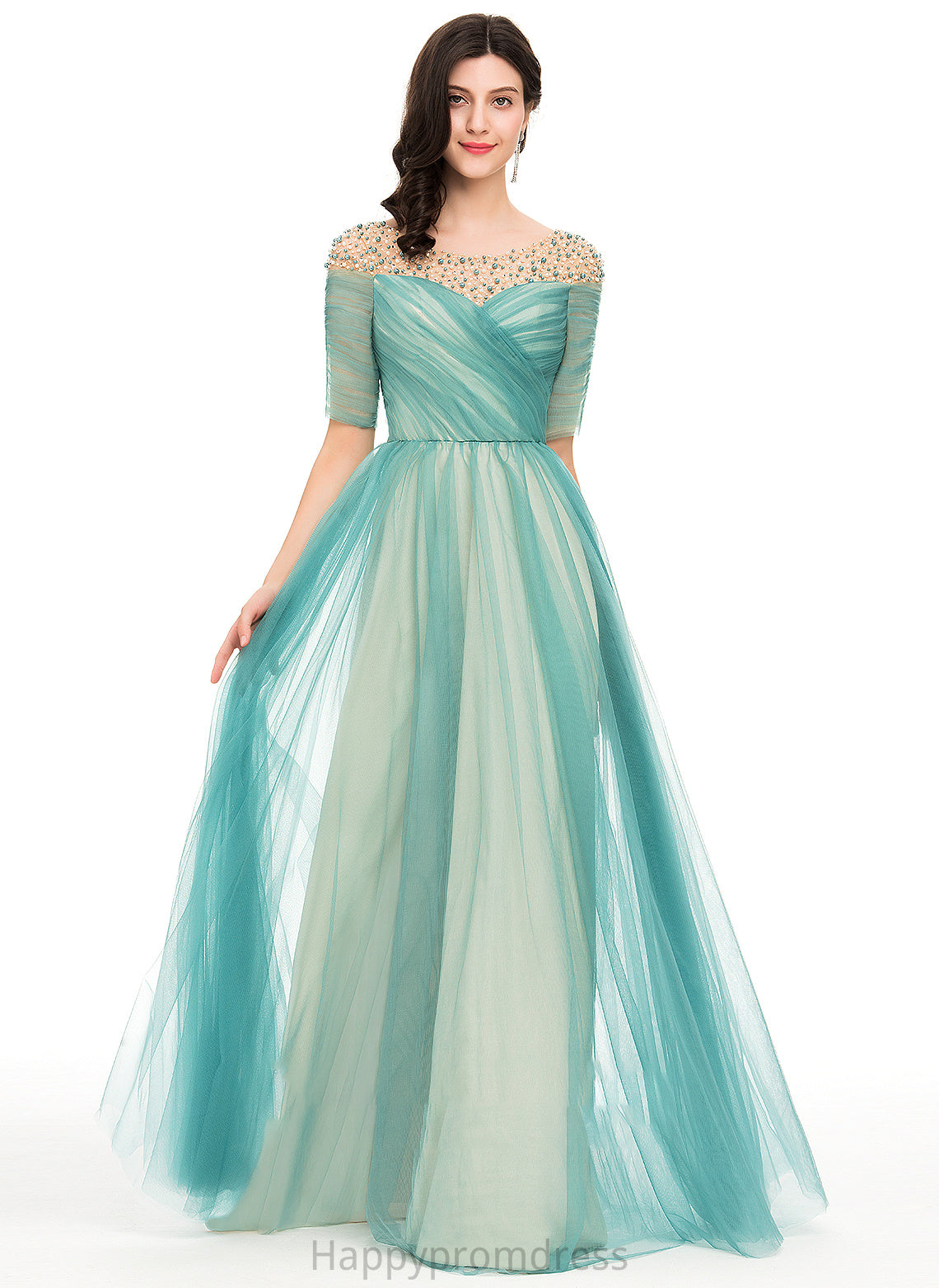 Ball-Gown/Princess Scoop Floor-Length With Neck Kendra Tulle Prom Dresses Beading