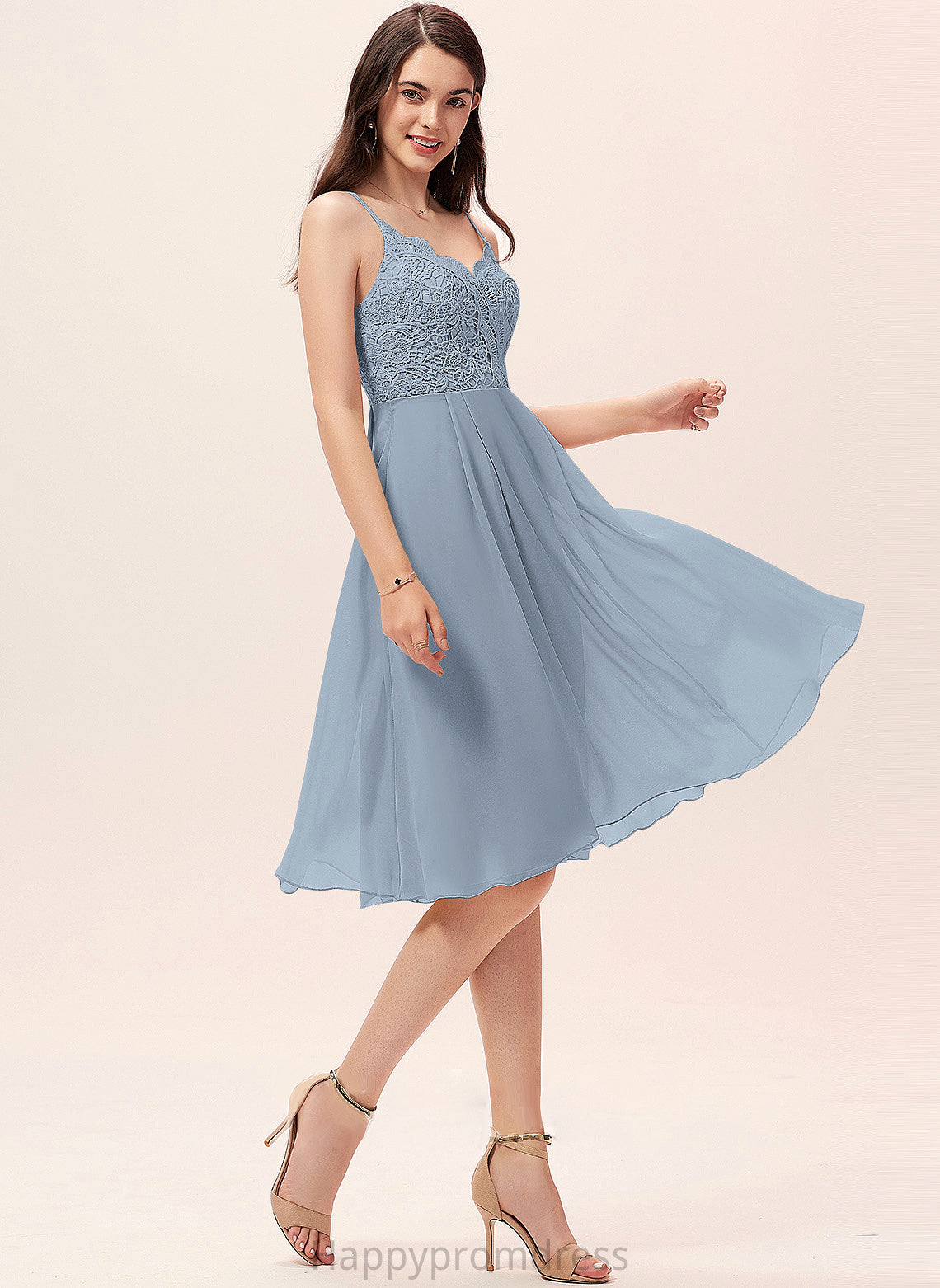 Knee-Length Lace Neckline A-Line V-neck Straps Silhouette Length Fabric Mariana Scoop Sleeveless Bridesmaid Dresses