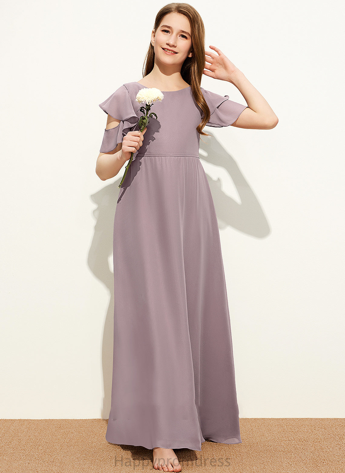 Neck Scoop Ruffles Cascading Floor-Length With Chiffon Junior Bridesmaid Dresses Corinne A-Line