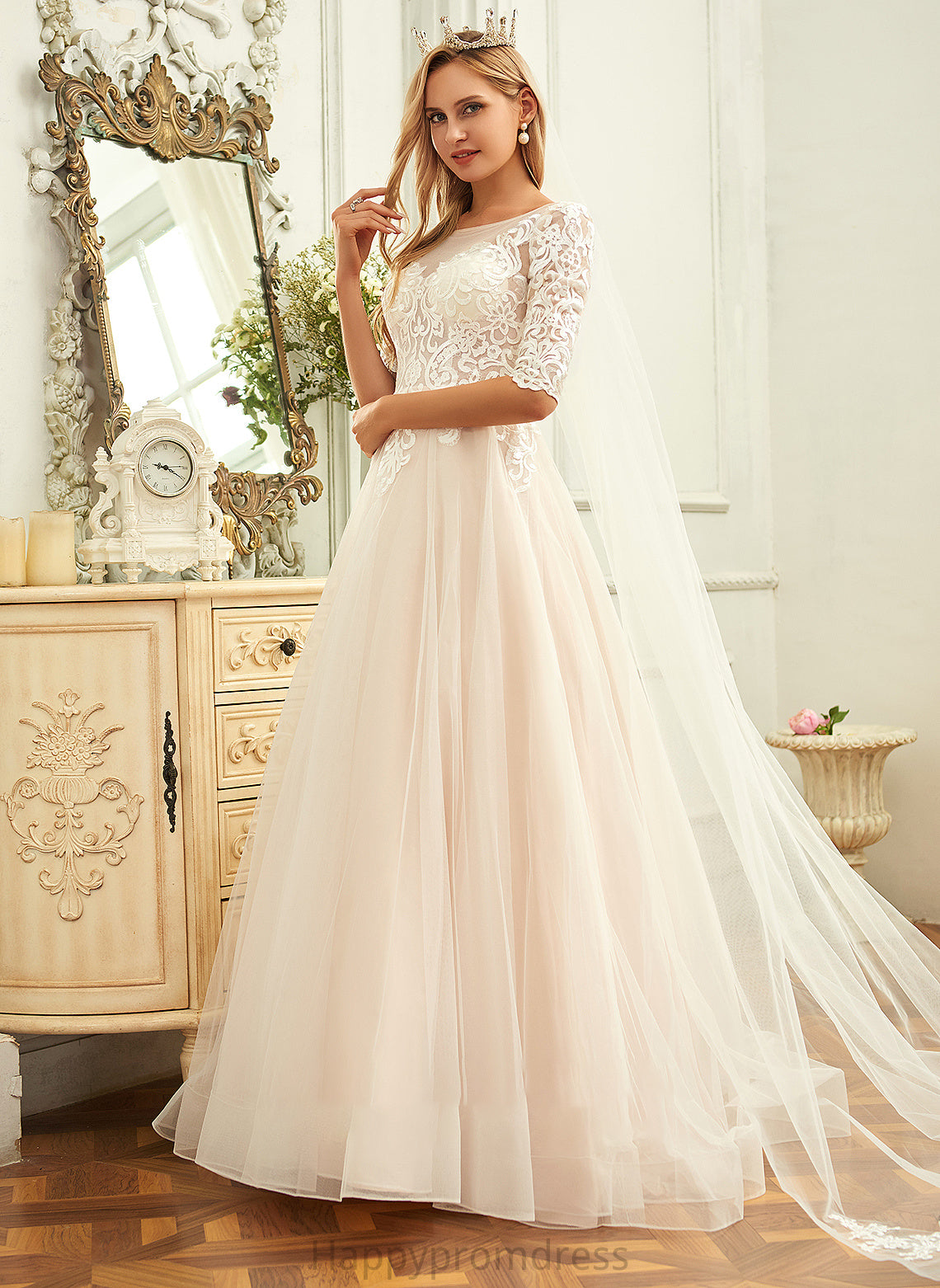 Wedding Sweep Tulle Neck Dress Ball-Gown/Princess Marisol Train Lace Scoop Wedding Dresses