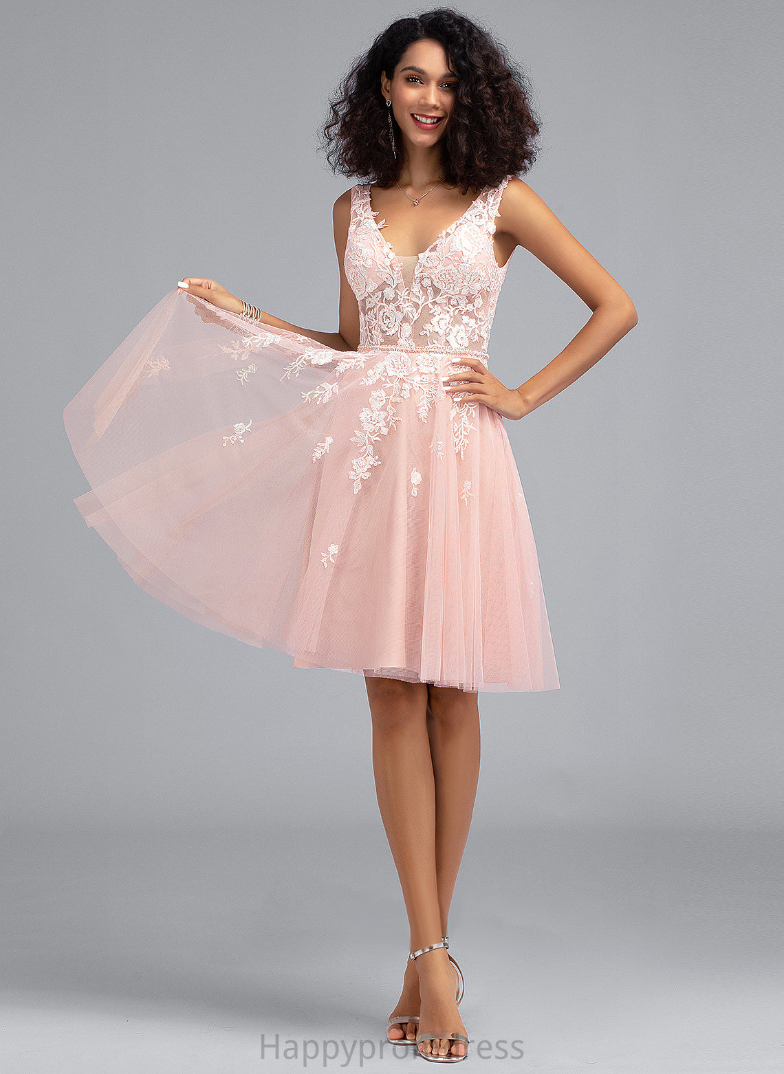 Homecoming Dresses Dress Homecoming Tulle Beading Lace Knee-Length Sequins V-neck Kaylie A-Line With