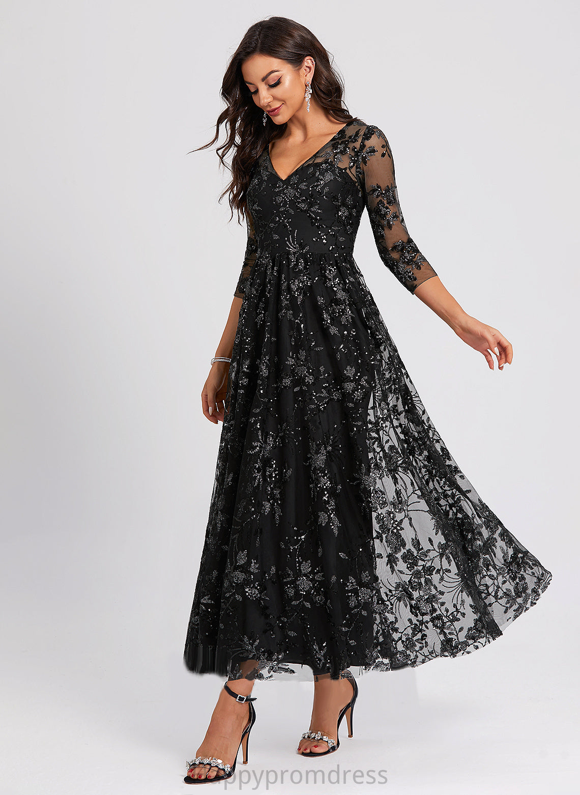 Lace Sequined V-neck Dress A-Line Juliette Cocktail Cocktail Dresses Ankle-Length