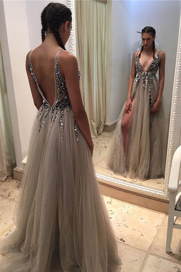 Gray A Line Floor Length Deep V Neck Sleeveless Side Slit Beading Long Prom Dresses