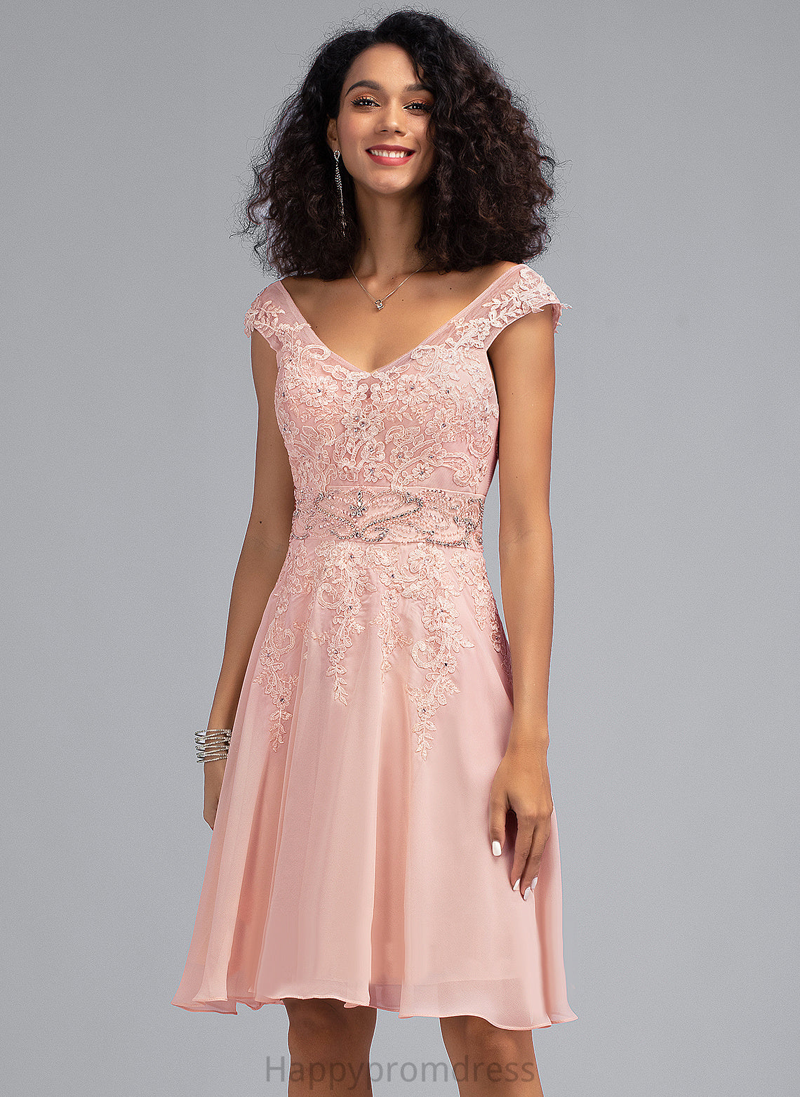 Ryleigh A-Line Cocktail Dress Chiffon Beading With Cocktail Dresses Lace Lace Knee-Length V-neck