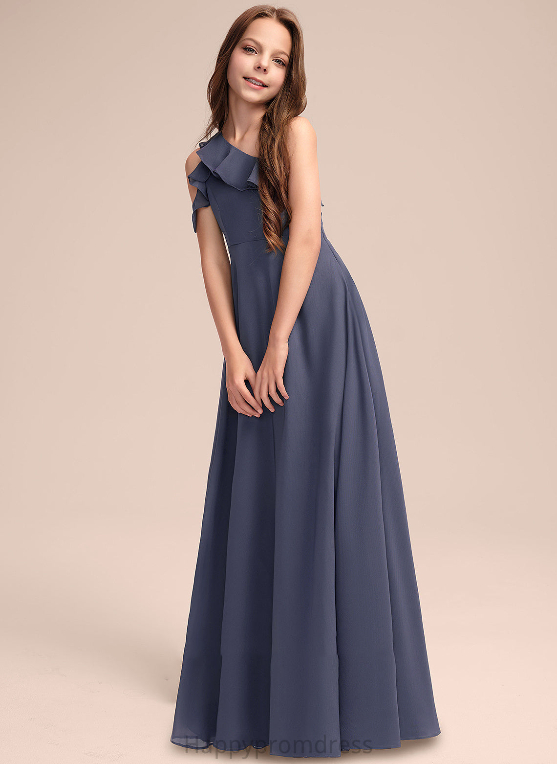 One-Shoulder A-Line Cascading Ruffles Floor-Length Chiffon Junior Bridesmaid Dresses With Viola