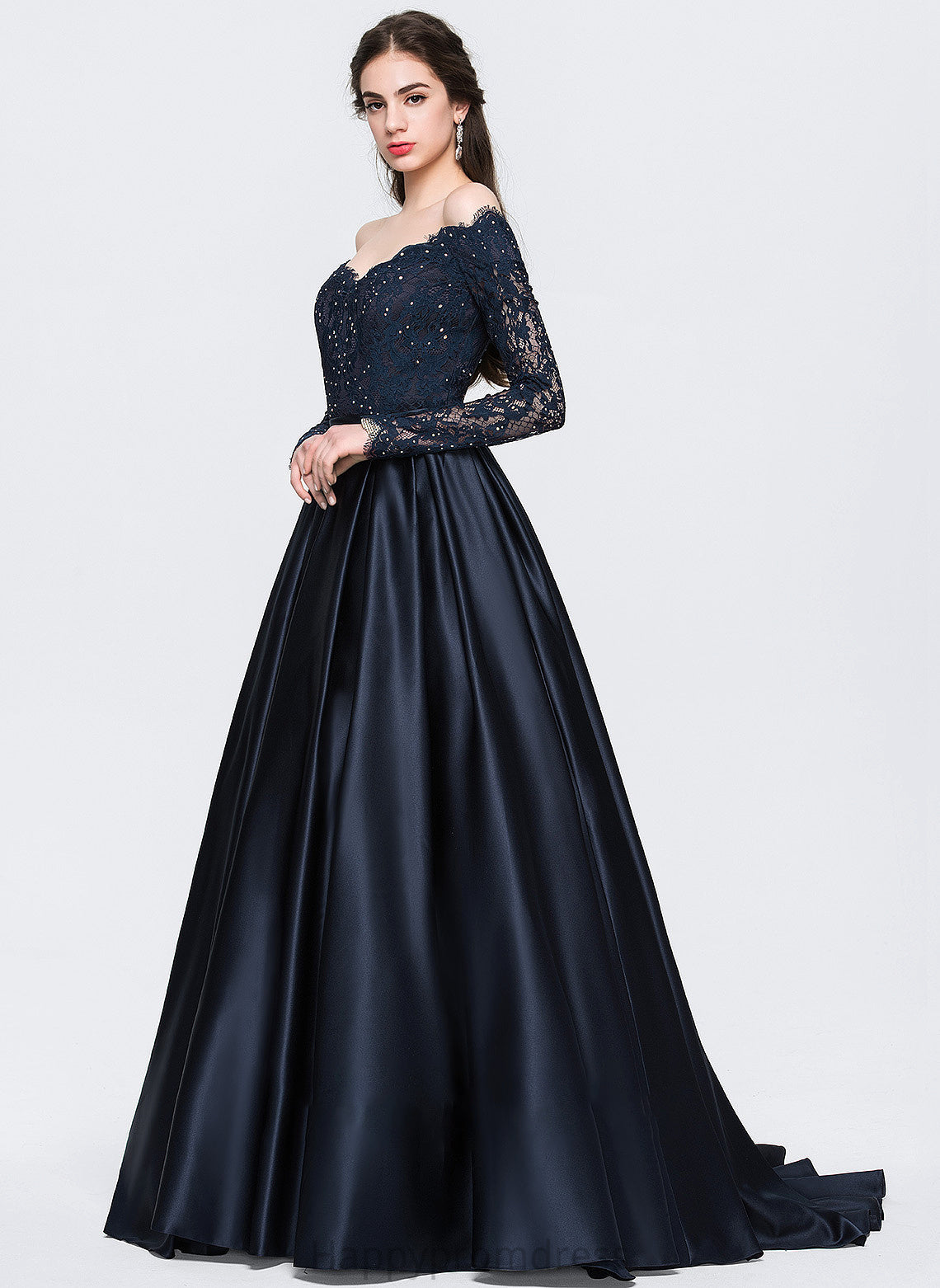 Prom Dresses Leilani Ball-Gown/Princess Train Satin With Beading Off-the-Shoulder Sweep