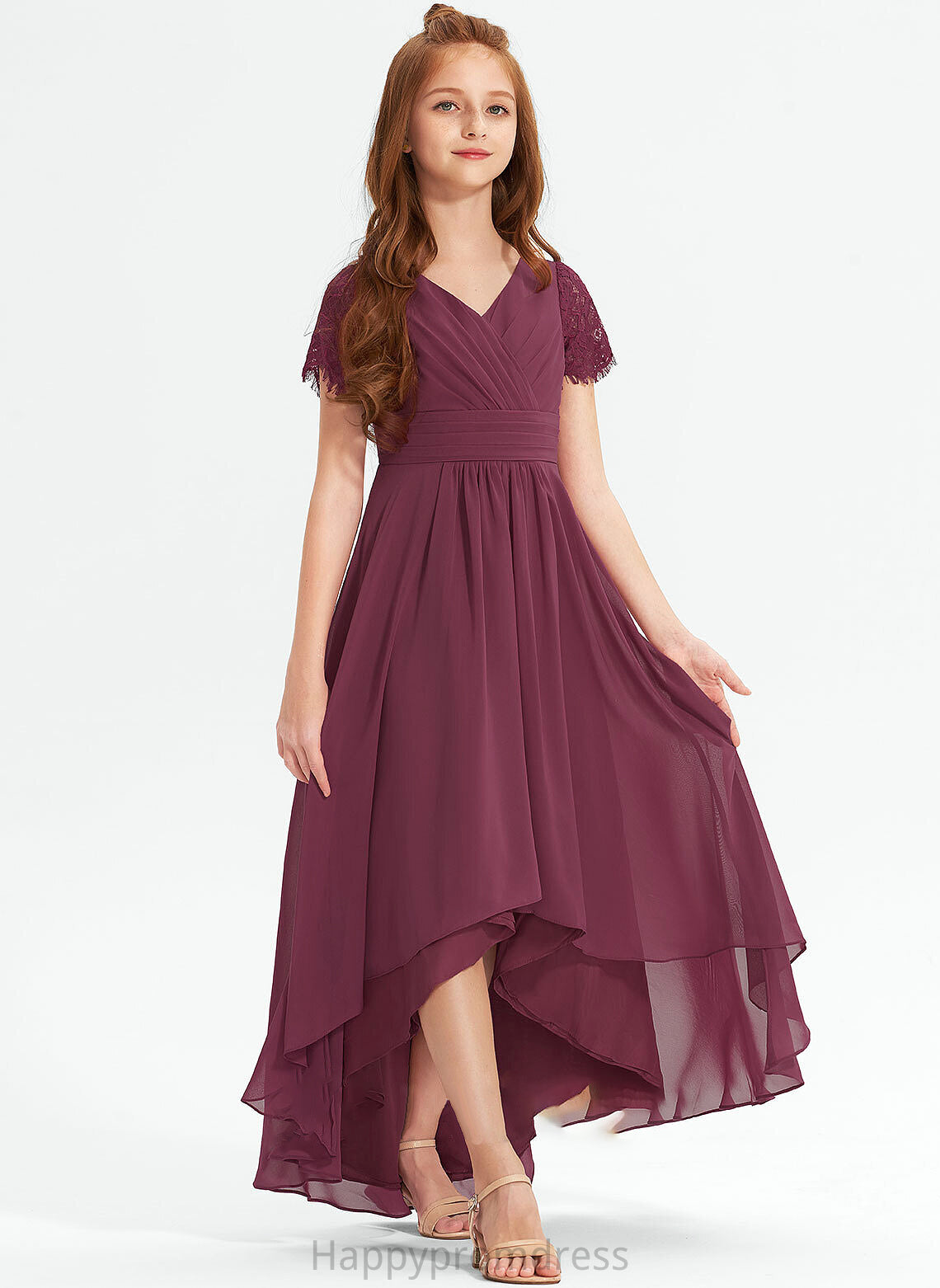 Lace With A-Line Chiffon Ruffle Haylie Asymmetrical Junior Bridesmaid Dresses V-neck