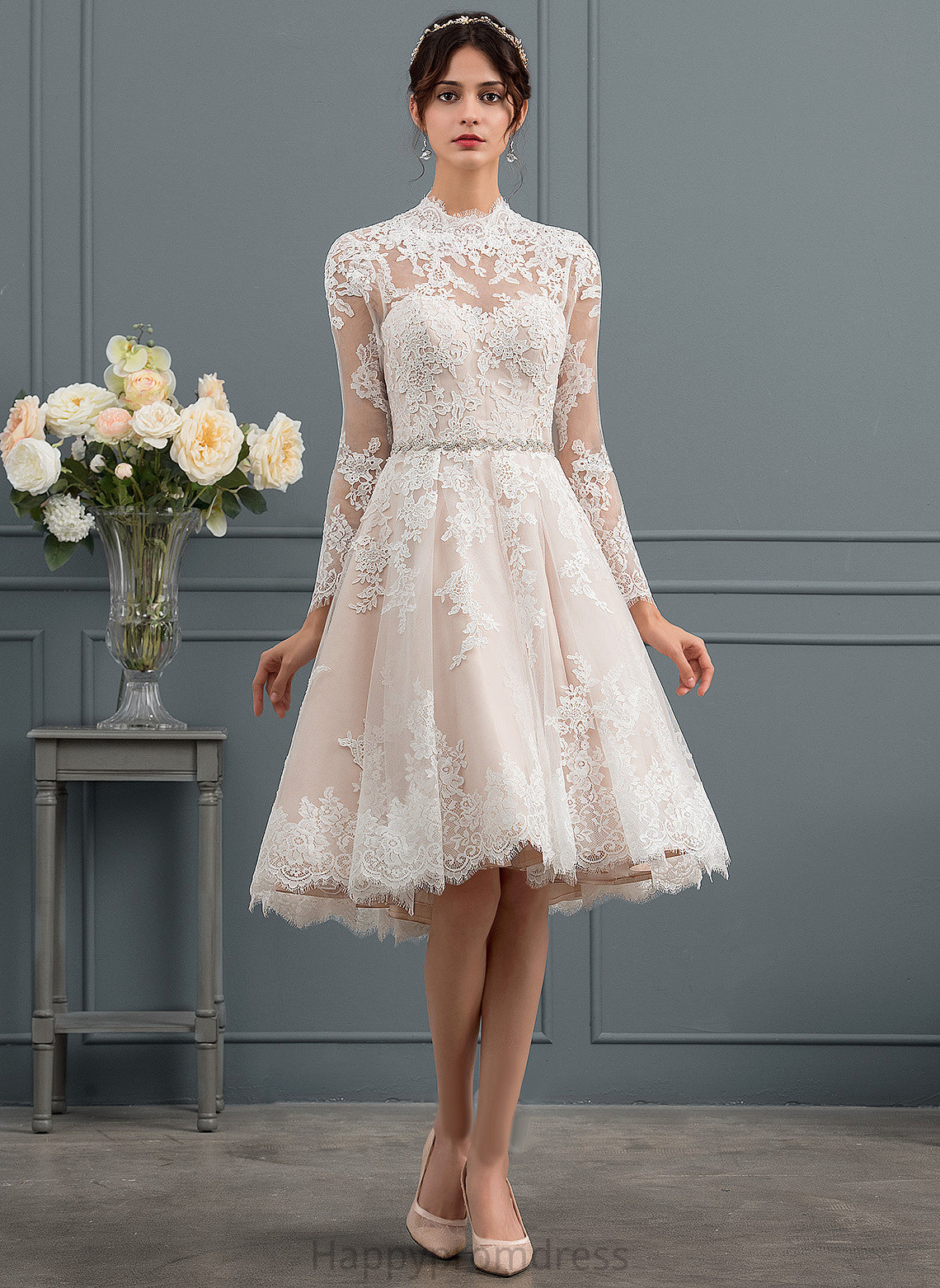 Wedding Dresses A-Line Knee-Length Janiyah Lace Tulle Illusion Dress Wedding