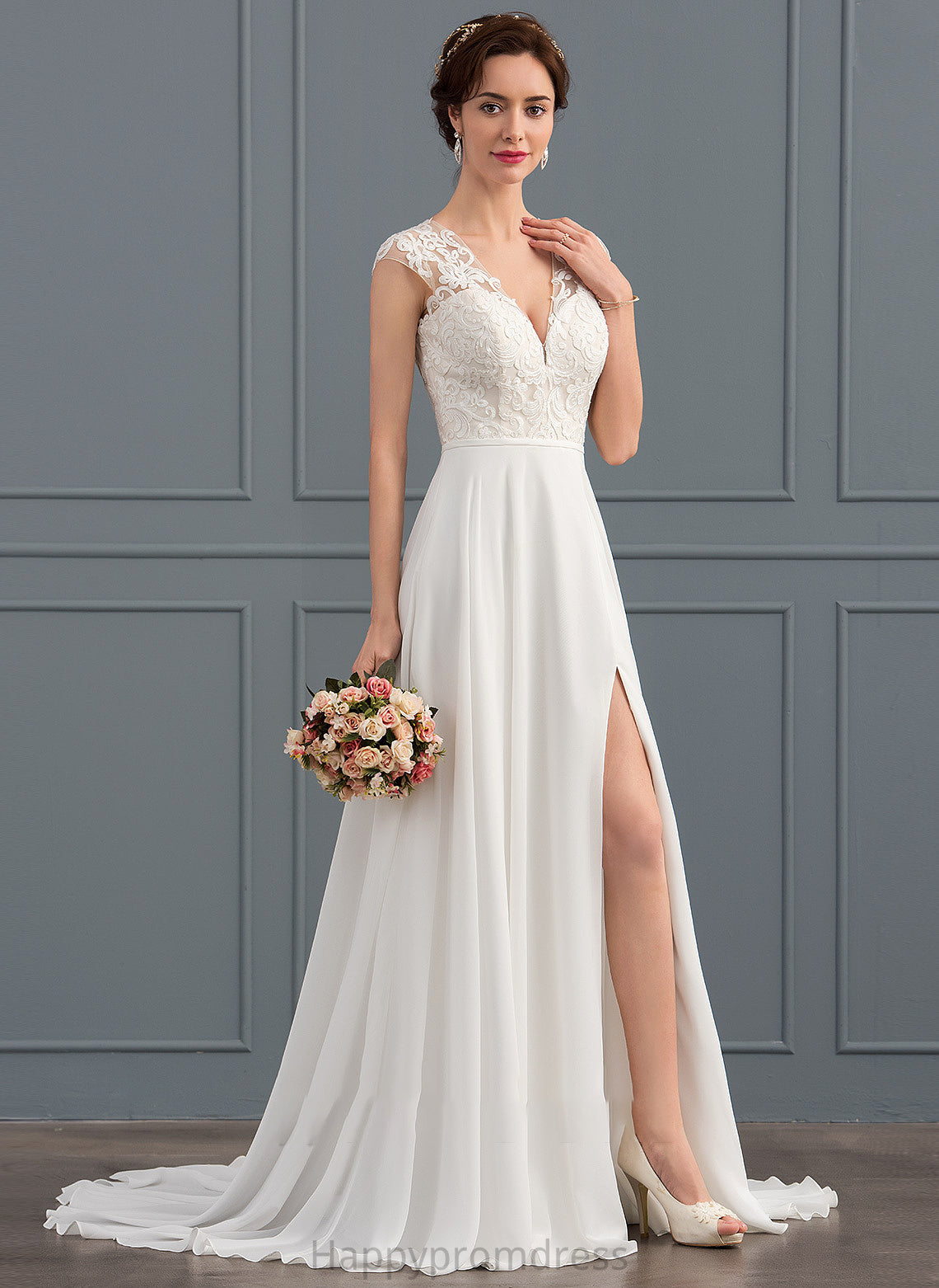 Train Split Braelyn A-Line Wedding Dresses Sweep Front Chiffon Wedding V-neck With Dress